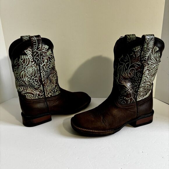 Roper Leather Brown Blue Western Cowboy Boots Kids Child Size 3 Monterey Swirls - Picture 1 of 8